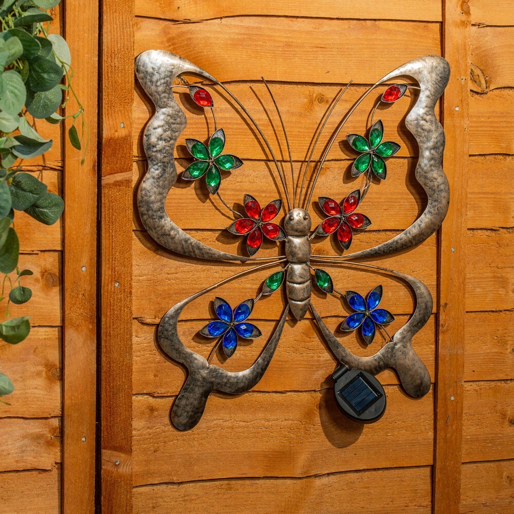 Solar Metal Butterfly Wall Art Outdoor Fence Light Garden Ornament Multi Colour