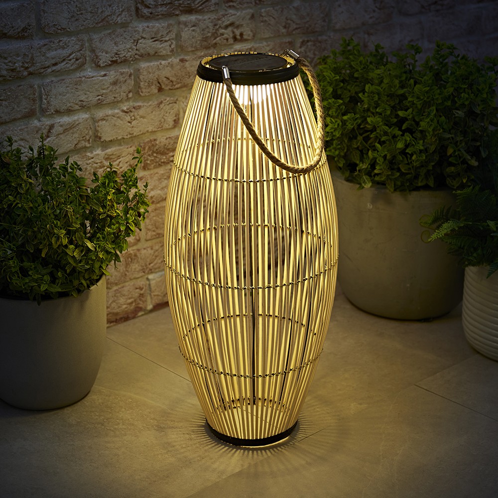 Solar Powered Natural Bamboo Floor Lamp with Drum Shade Outdoor Garden LED Light