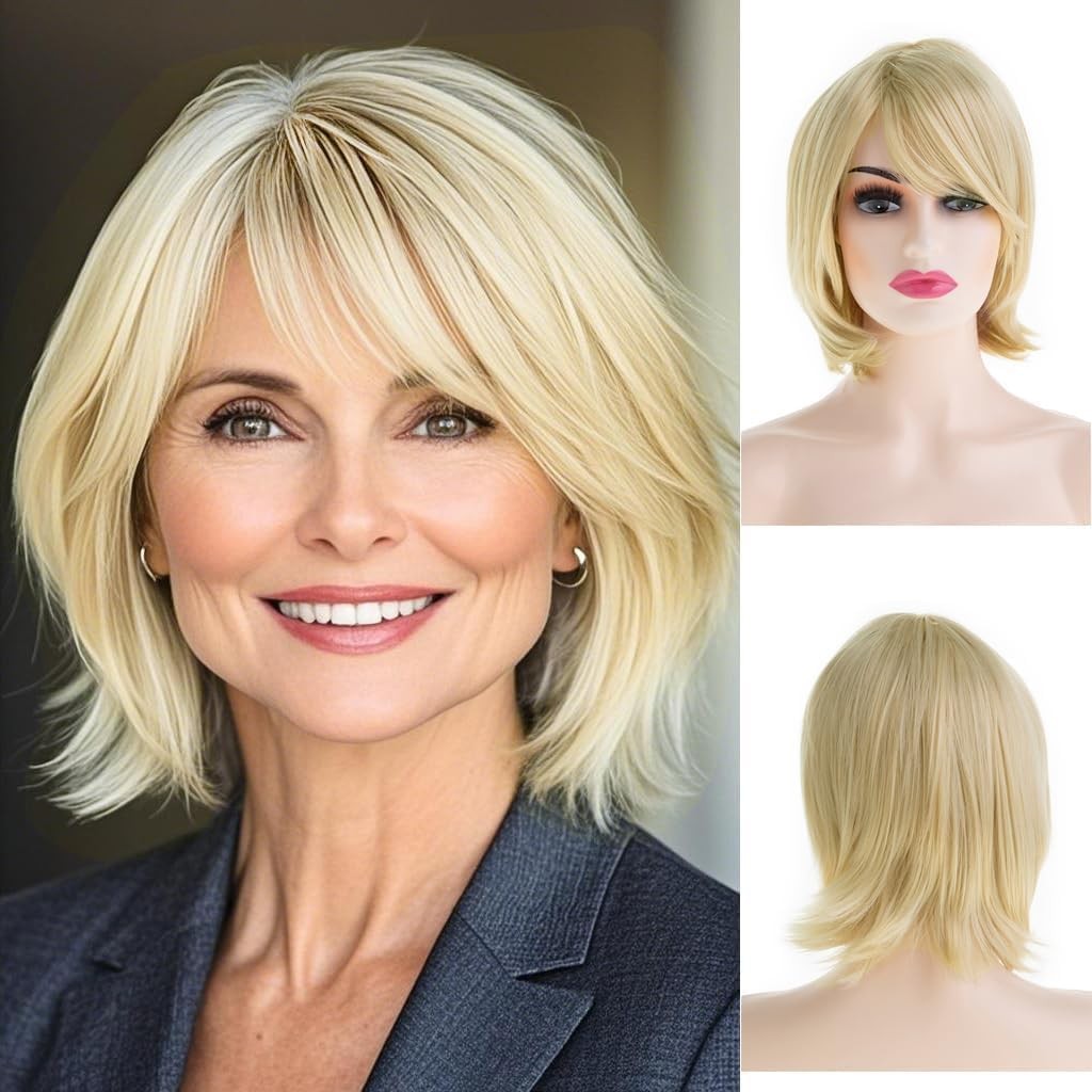 Layered Blonde Wigs for Women Shoulder Length Straight Wig with Bangs Natural S