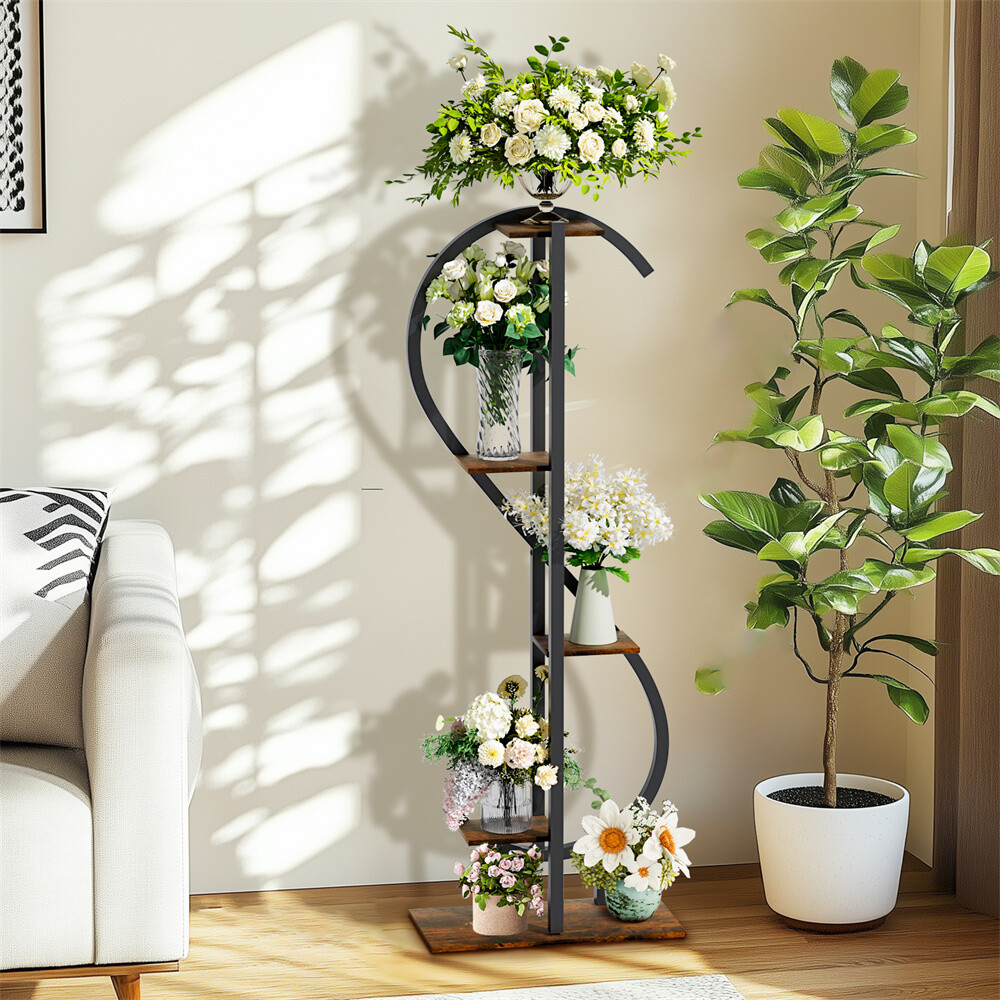 5-Tier Indoor Plant Stand S-Shaped Corner Aesthetic Plant Stand w Hanging Hooks