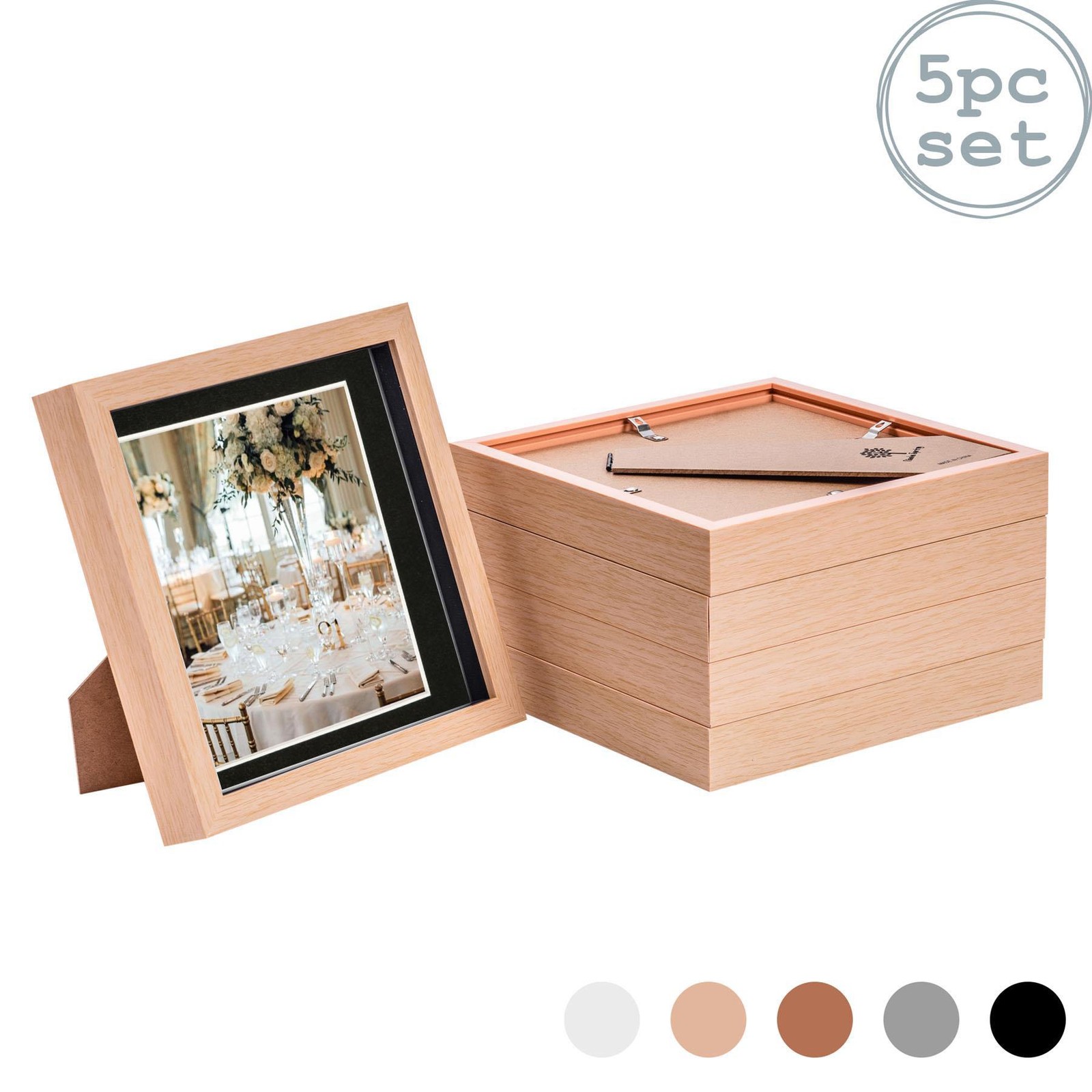 5x 3D Box Photo Frames Display 8 x 8" with 6 x 6" Mount Light Wood/Black