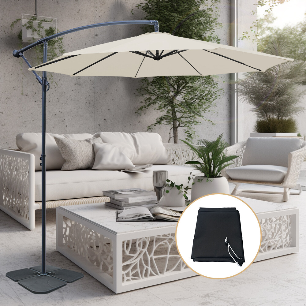 3m Banana Umbrella Cantilever Garden Patio Hanging Parasol w/ Base Cover Cream