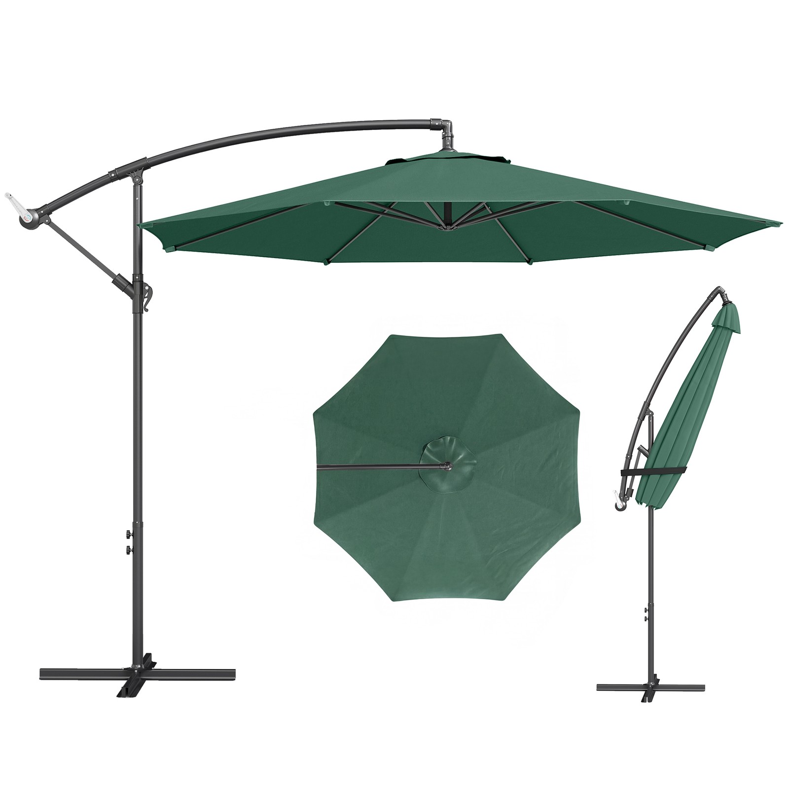 Outsunny 3(m) Garden Banana Parasol Cantilever Umbrella w/ Base, Dark Green