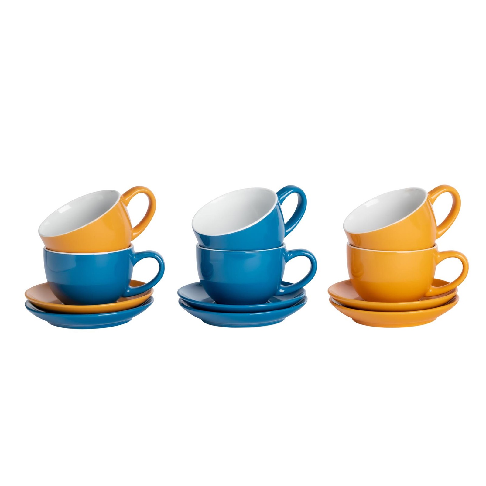12 Piece Coloured Cappuccino Cup & Saucer Set Tea Coffee Cups 250ml Blue/Yellow