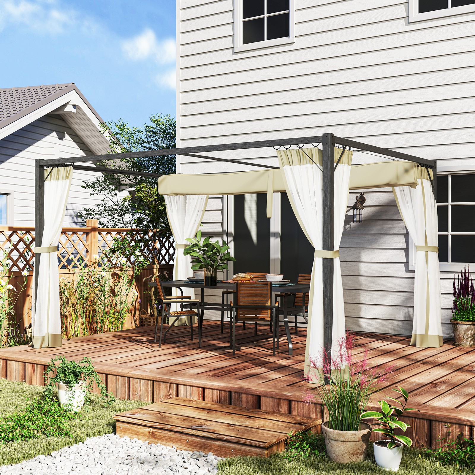 Outsunny 3 x 4m Pergola with Retractable Roof and Netting, Khaki