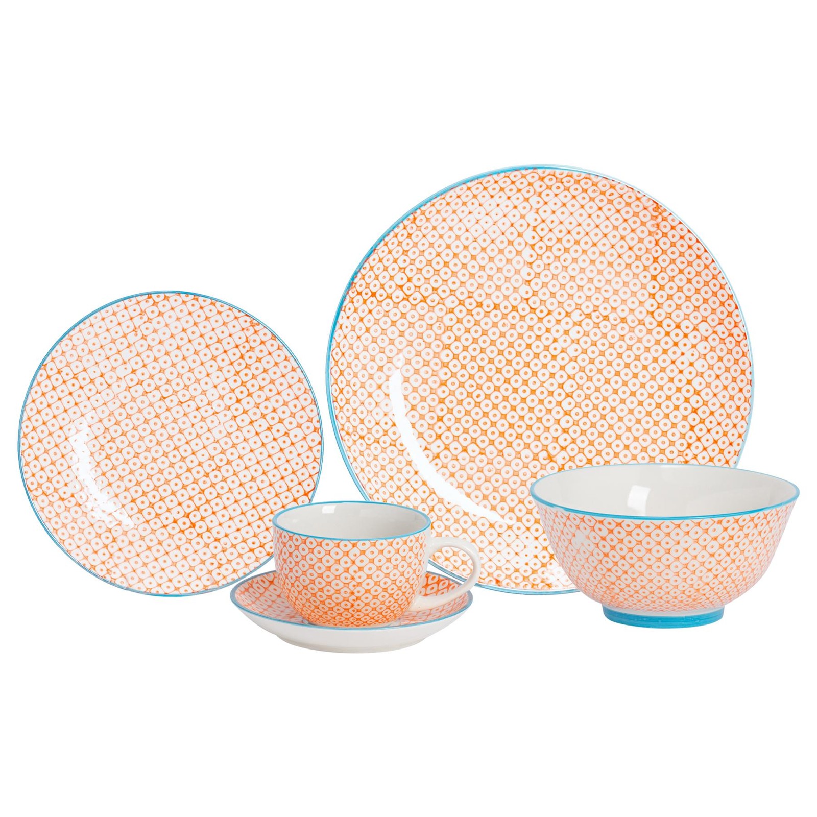 30 Piece Hand-Printed Dinner Set Porcelain Plates Bowls Cups Saucers Orange
