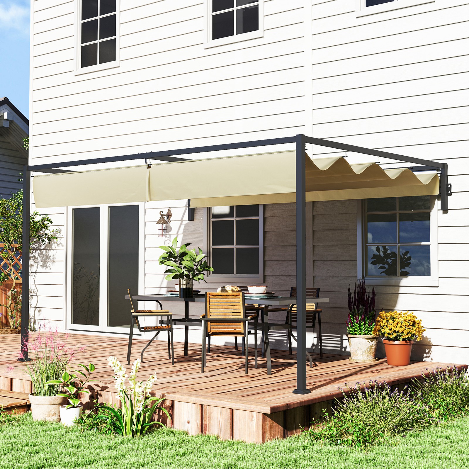 Outsunny 3 x 4m Wall Mounted Pergola with Retractable Roof, Khaki