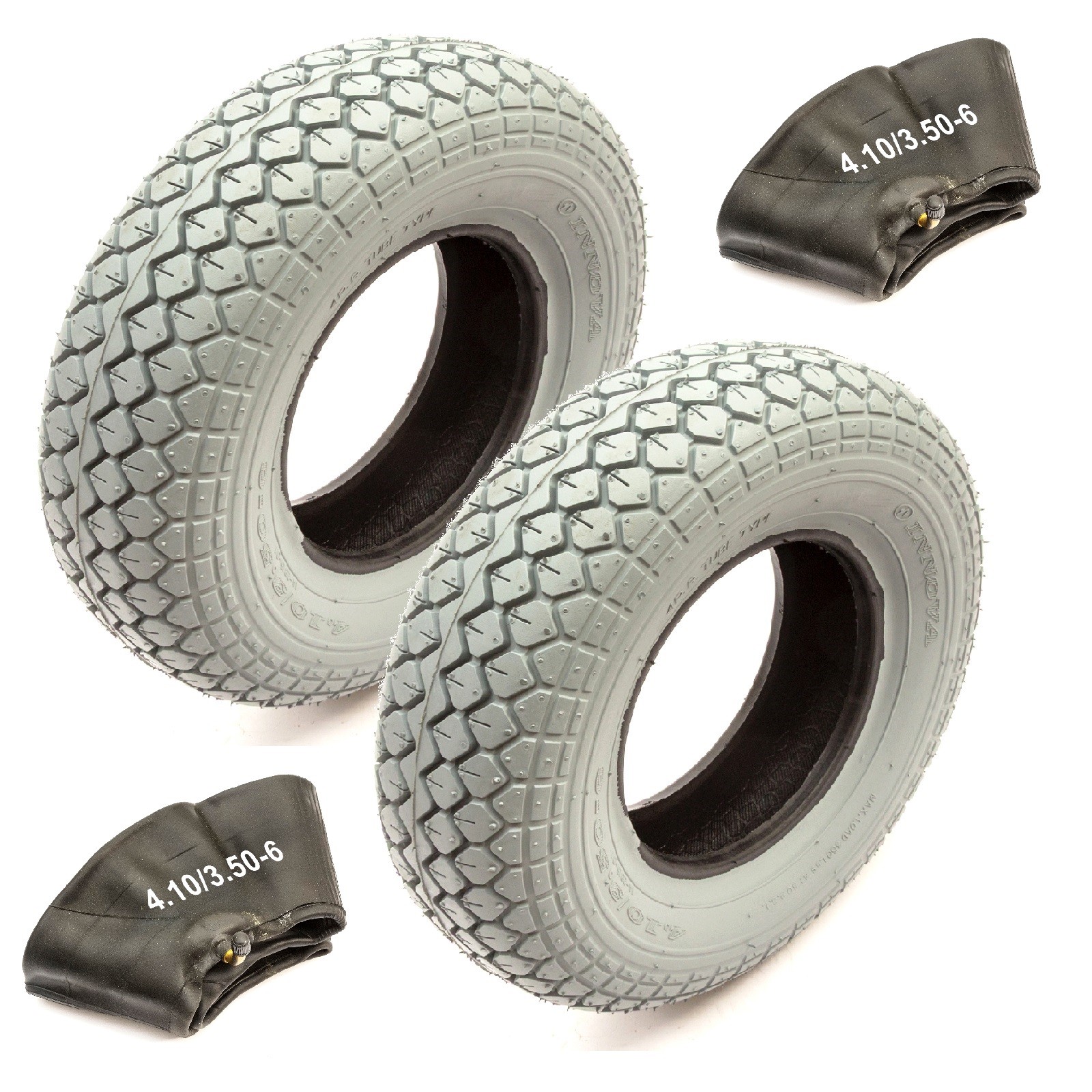 2x Mobility Scooter Tyre 4.10/3.50-6 & Inner Tube Bent Valve Block Tread Grey