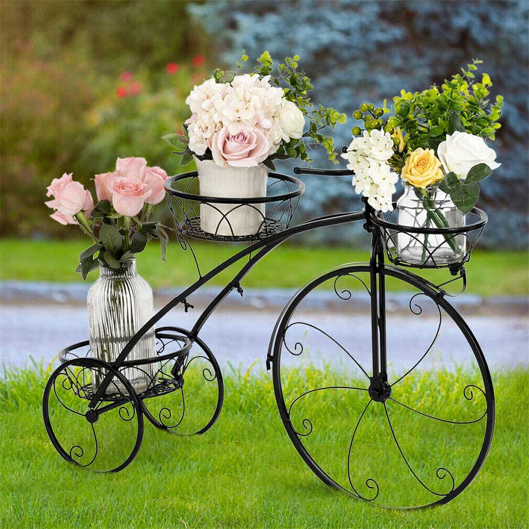 3-Tier Bicycle Plant Stand Wrought Iron Tricycle Planter Holder Garden Display