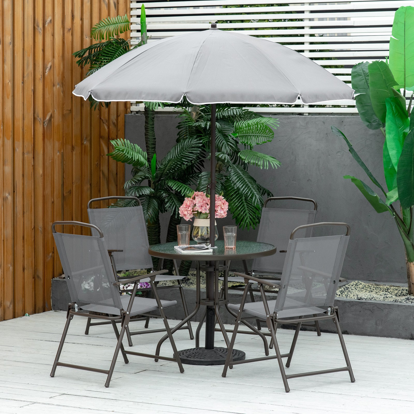 6 Pieces Patio Dining Set with Umbrella 4 Folding Chairs & Glass Table, Grey