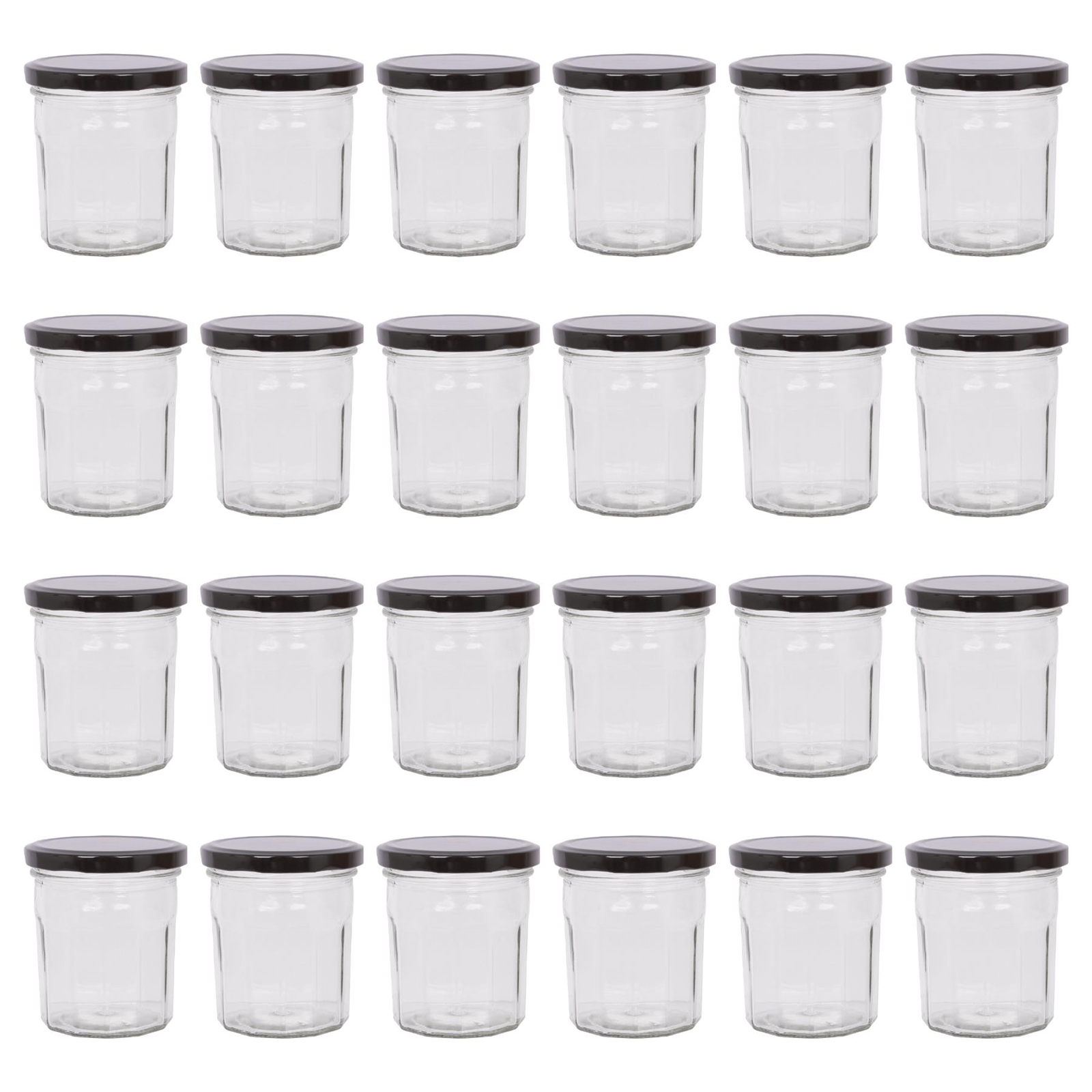 24x 250ml Glass Jam Jars with Black Lids Chutney Preserve Honey Pickle Storage