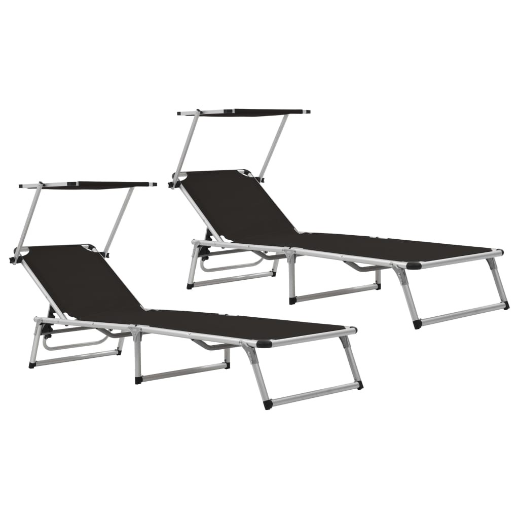 2x Folding Sun Loungers with Roof Aluminium&Textilene Black Bed vidaXL