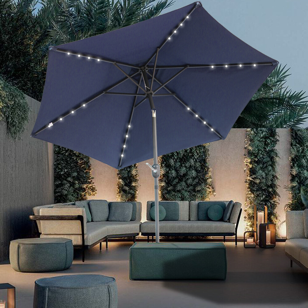 2.5M Round Garden LED Parasol Sun Shade Outdoor Patio Umbrella Crank Tilt Blue