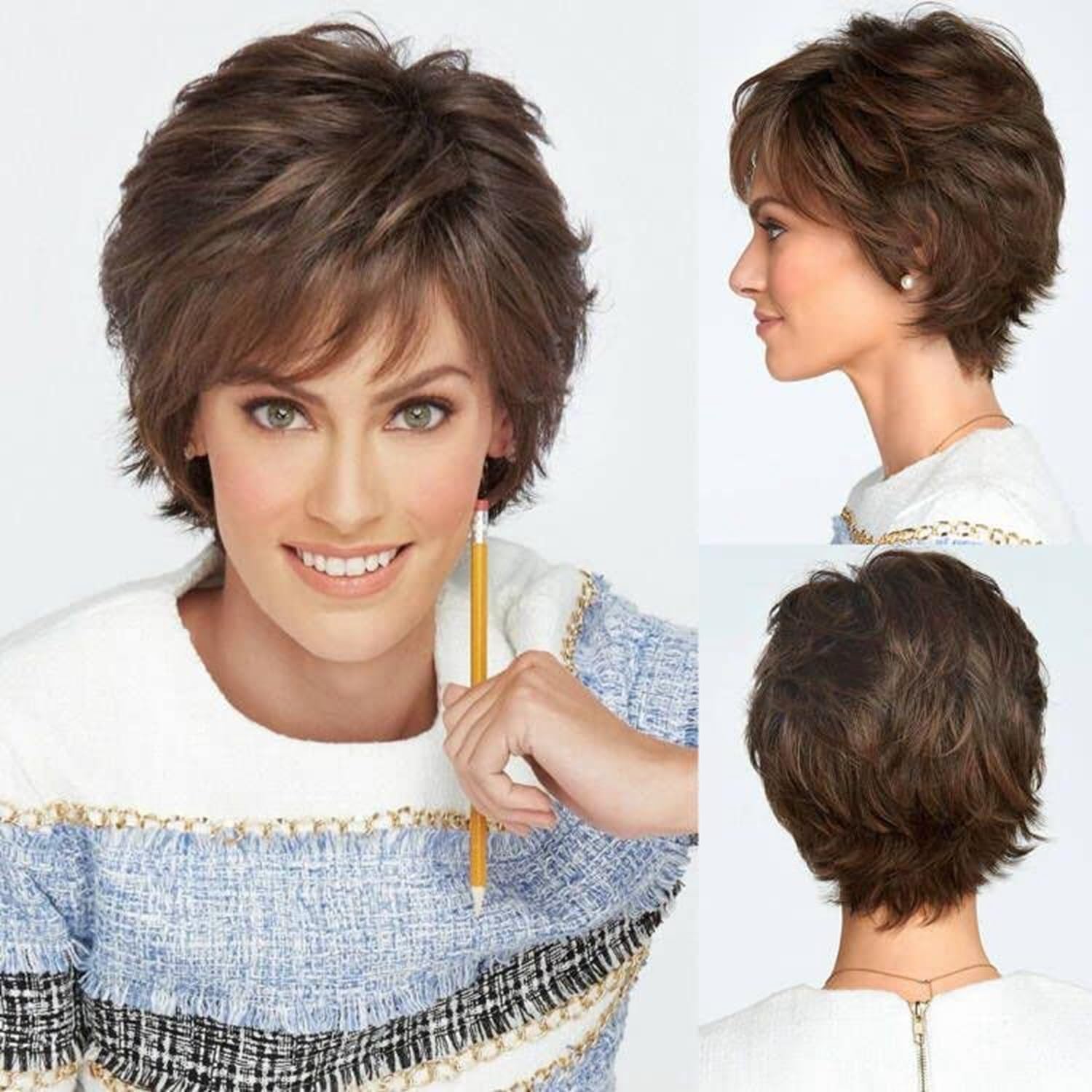 Short Brown Wig for Women Pixie Cut Synthetic Wigs Layered Fluffy Halloween Par