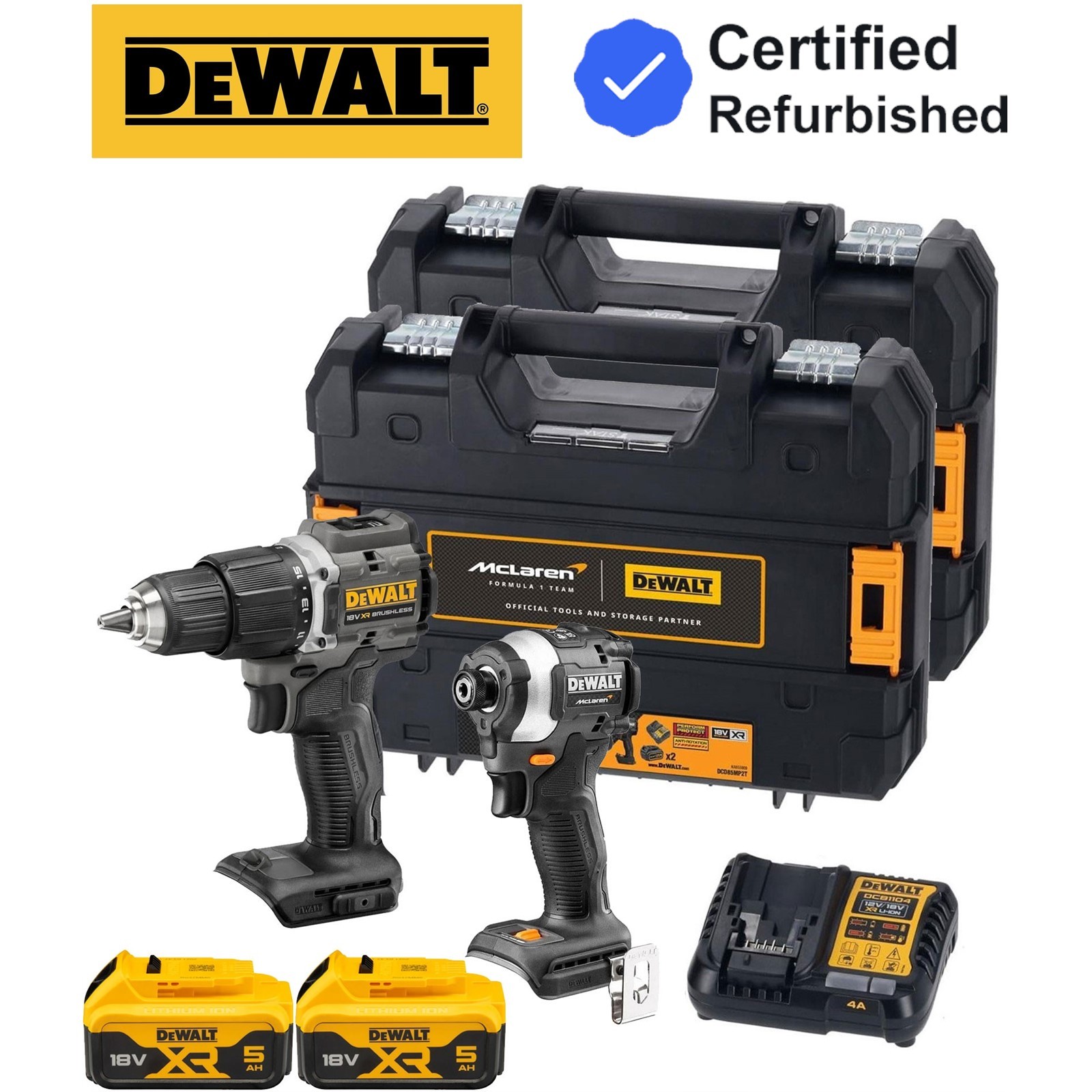Dewalt 18v McLaren F1 Twin Pack XR Brushless Impact Driver + Hammer Drill 2x5Ah