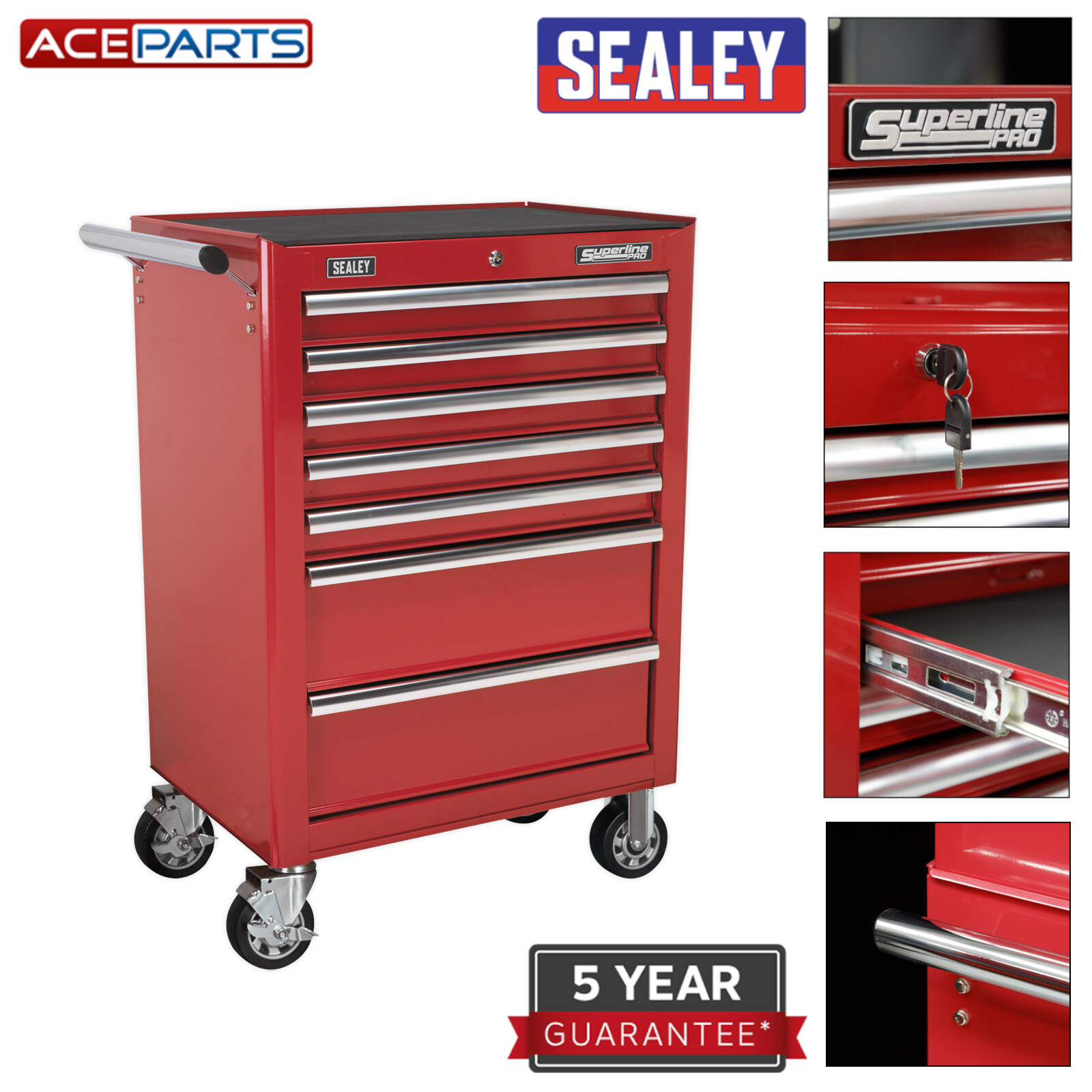 Sealey Red Tool Box Chest Cabinet Rollcab 7 Drawer with Ball Bearing Slides