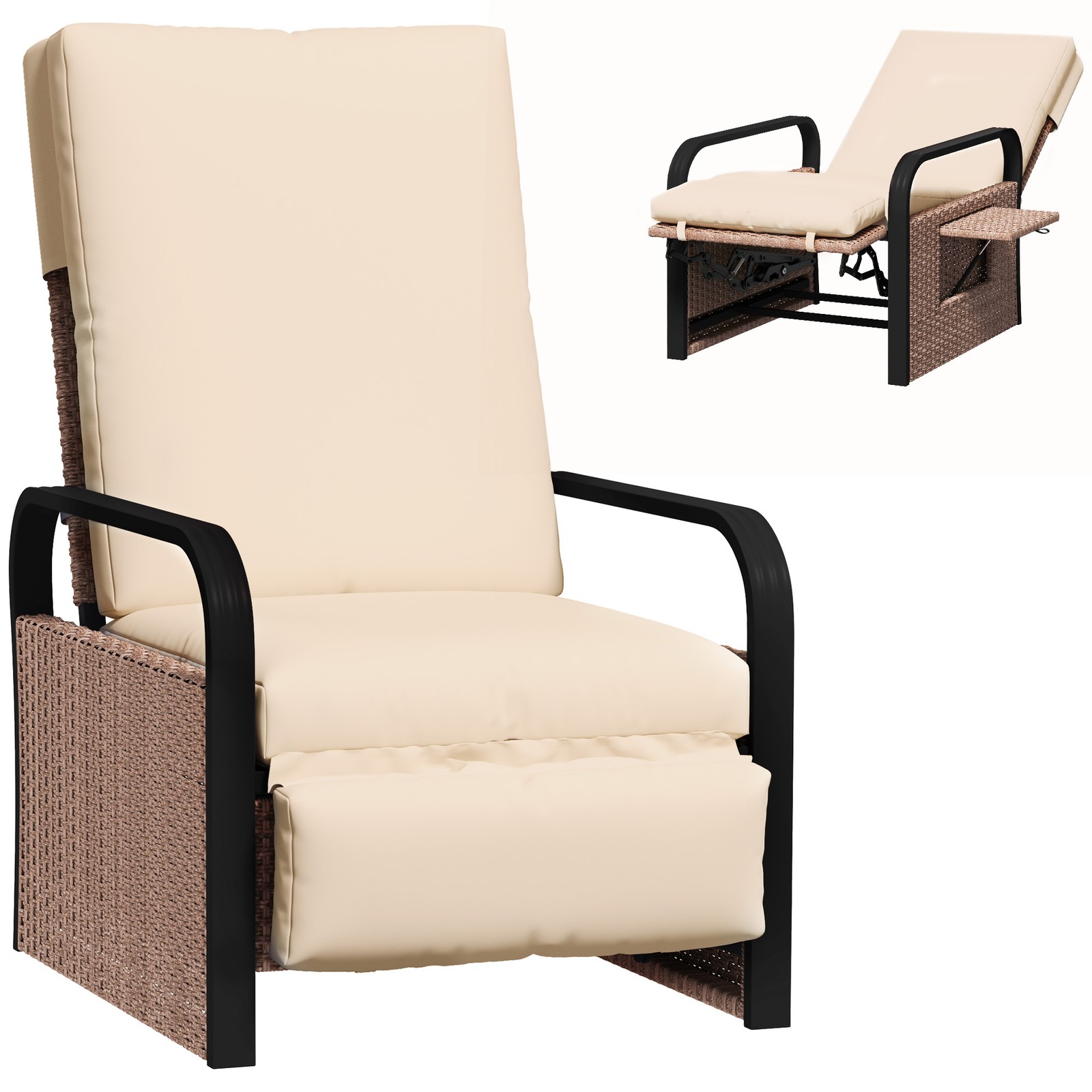 Outsunny Rattan Garden Recliner Chair Sun Lounger w/ Side Tray, Brown/Khaki
