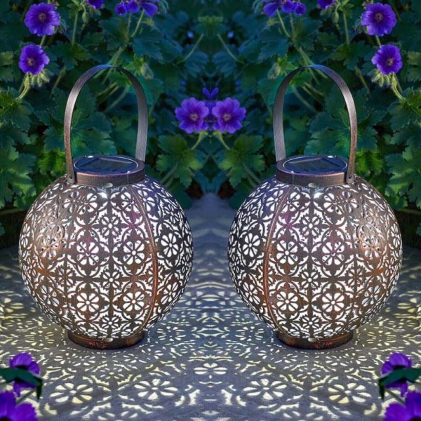 2pc Solar Outdoor Lantern Metal Garden Decor LED Waterproof Garden Ornament