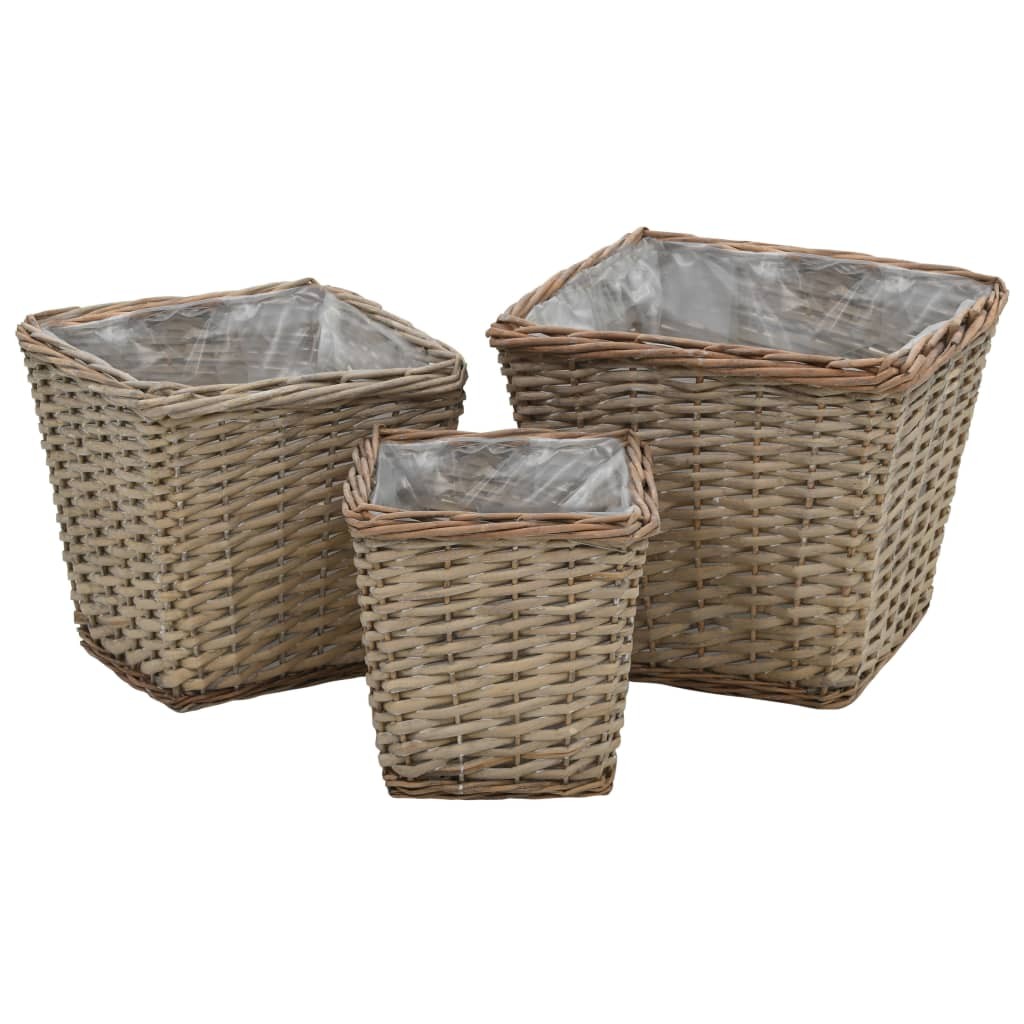 3x Raised Bed Wicker with PE Lining Real Rattan Plant Flower Basket Bin vidaXL