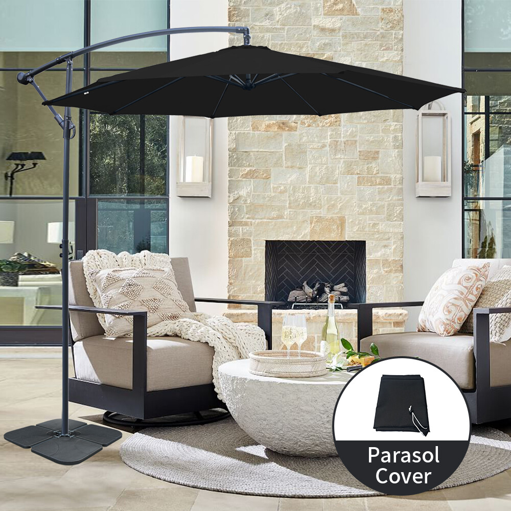 3M Black Garden Parasol Cantilever Sun Shade Banana Umbrella w/ Base and Cover
