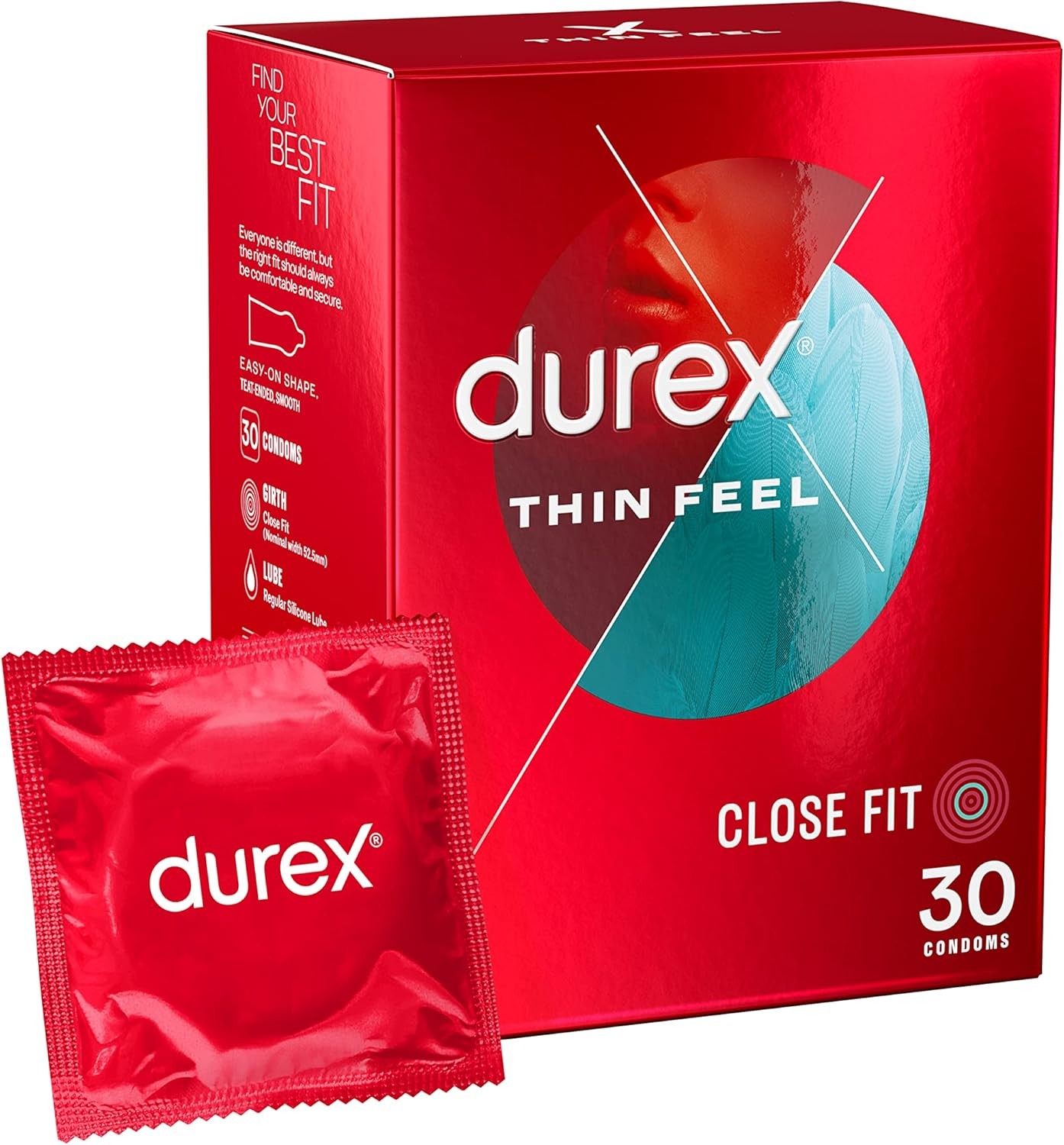 Durex Thin Feel Condoms, Close Fit, 30s, Secure, Tighter, Natural Latex, with S