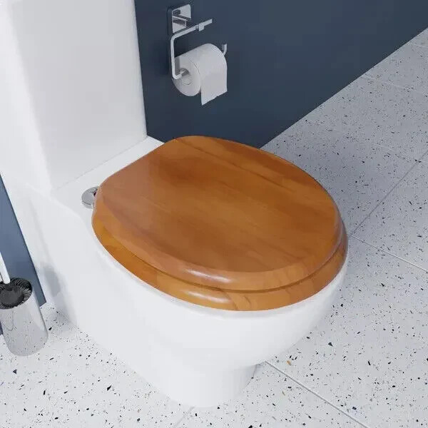 18'' Universal Toilet Seat Antique Pine Heavy Dufy MDF Oval Bathroom Hinges Home