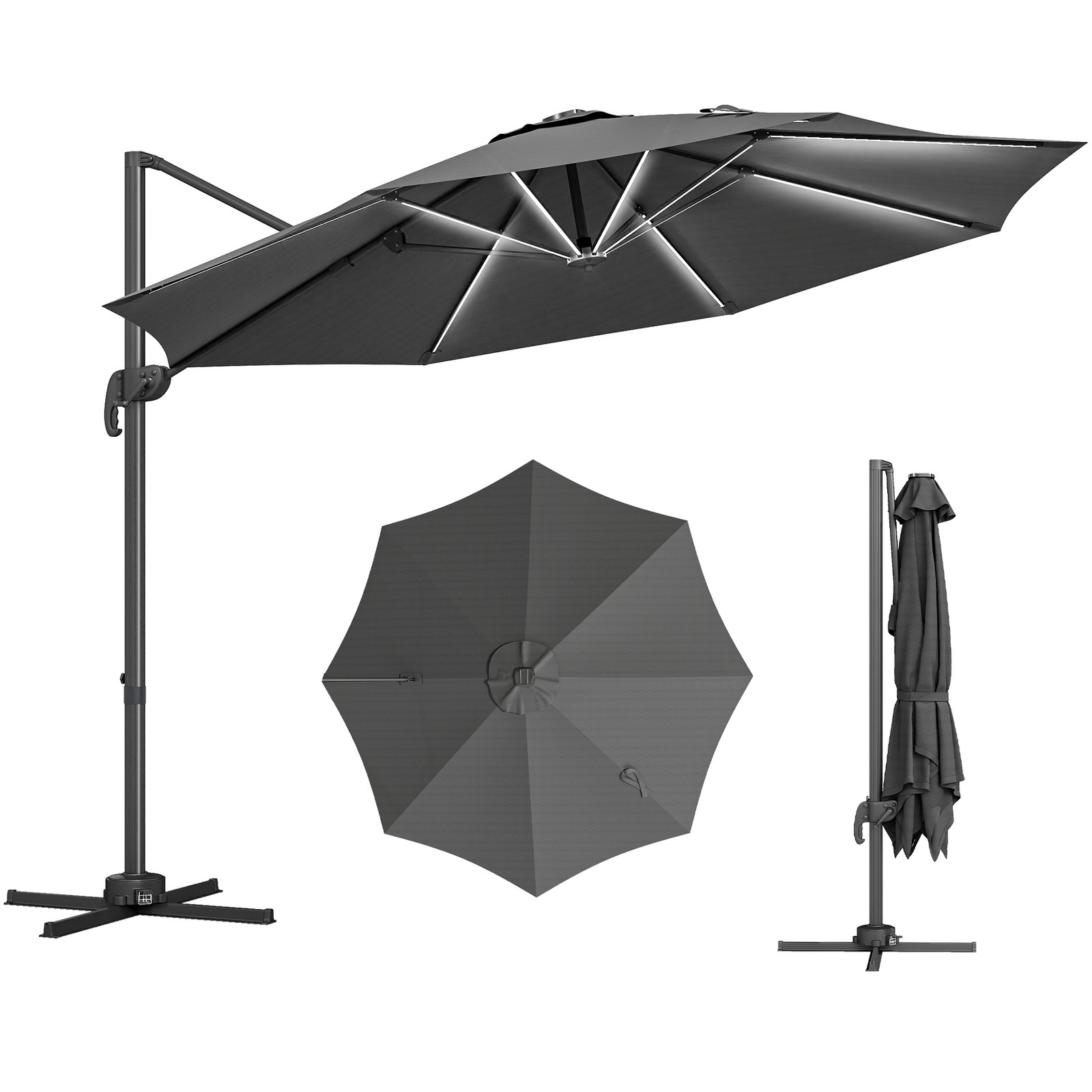 Outsunny 3(m) Solar LED Cantilever Parasol Adjustable Garden Umbrella Dark Grey