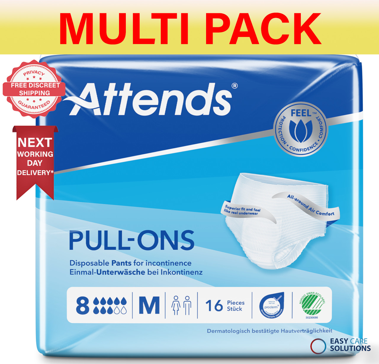 64 x Attends Pull Ons Adult Incontinence Pants|8 Drops|Size Medium|4 Packs of 16