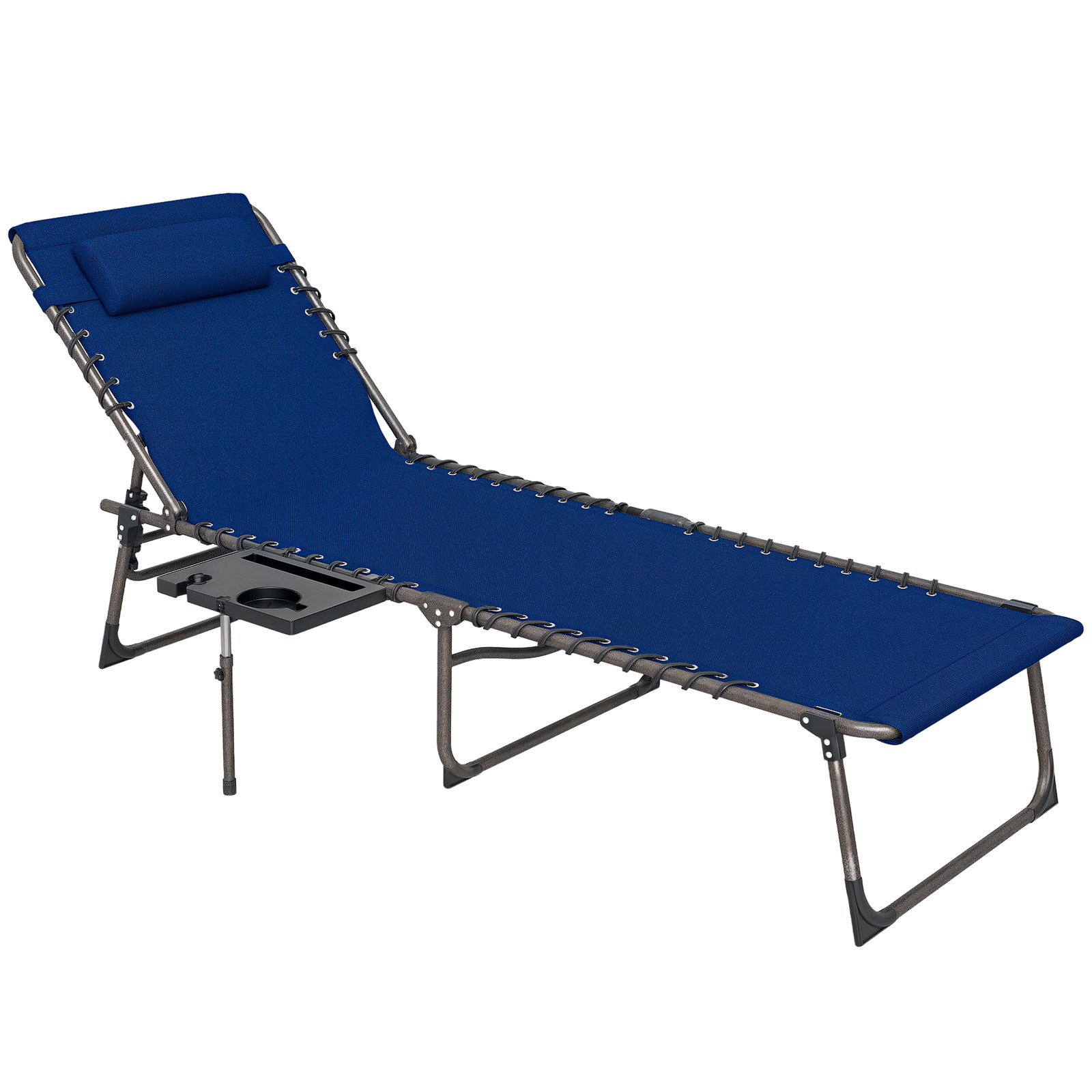 Outsunny Folding Sun Lounger with 5-Level Back, Cup Holder, Dark Blue