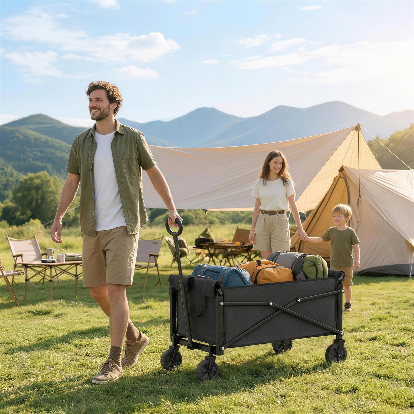 81L Festival Trolley on Wheels, Compact Garden Folding Trolley Cart, Black