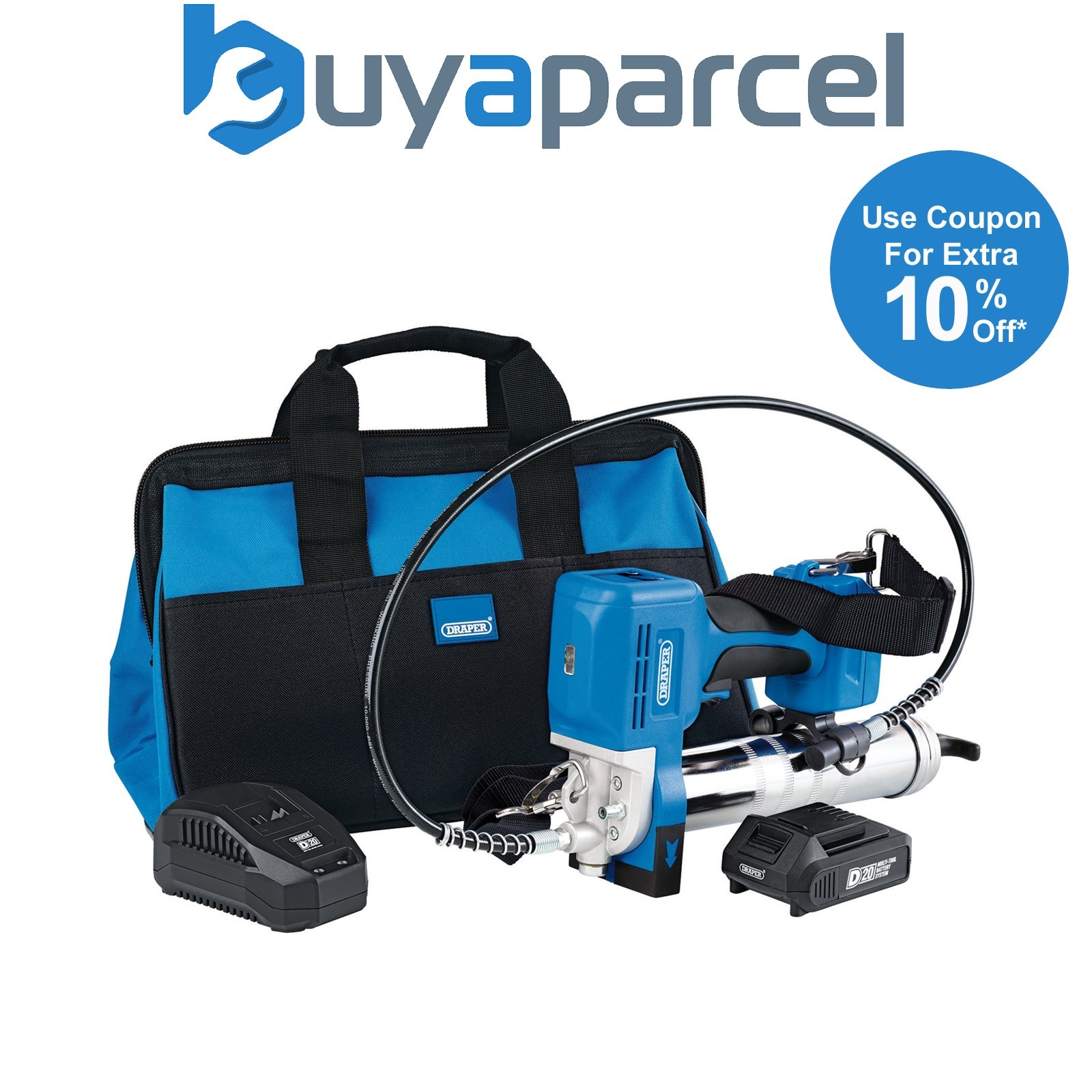 Draper 03359 D20 20V Grease Gun Kit, 1 x 2.0Ah Battery, 1 x Charger (3 Piece)