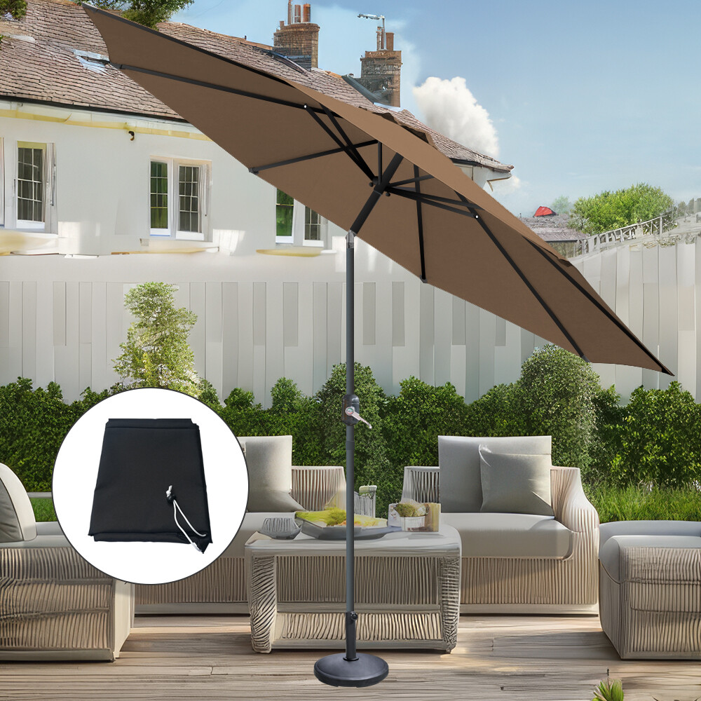 2.7M Outdoor Parasol Round Sun Shade Canopy Taupe Crank Tilt with Base Cover