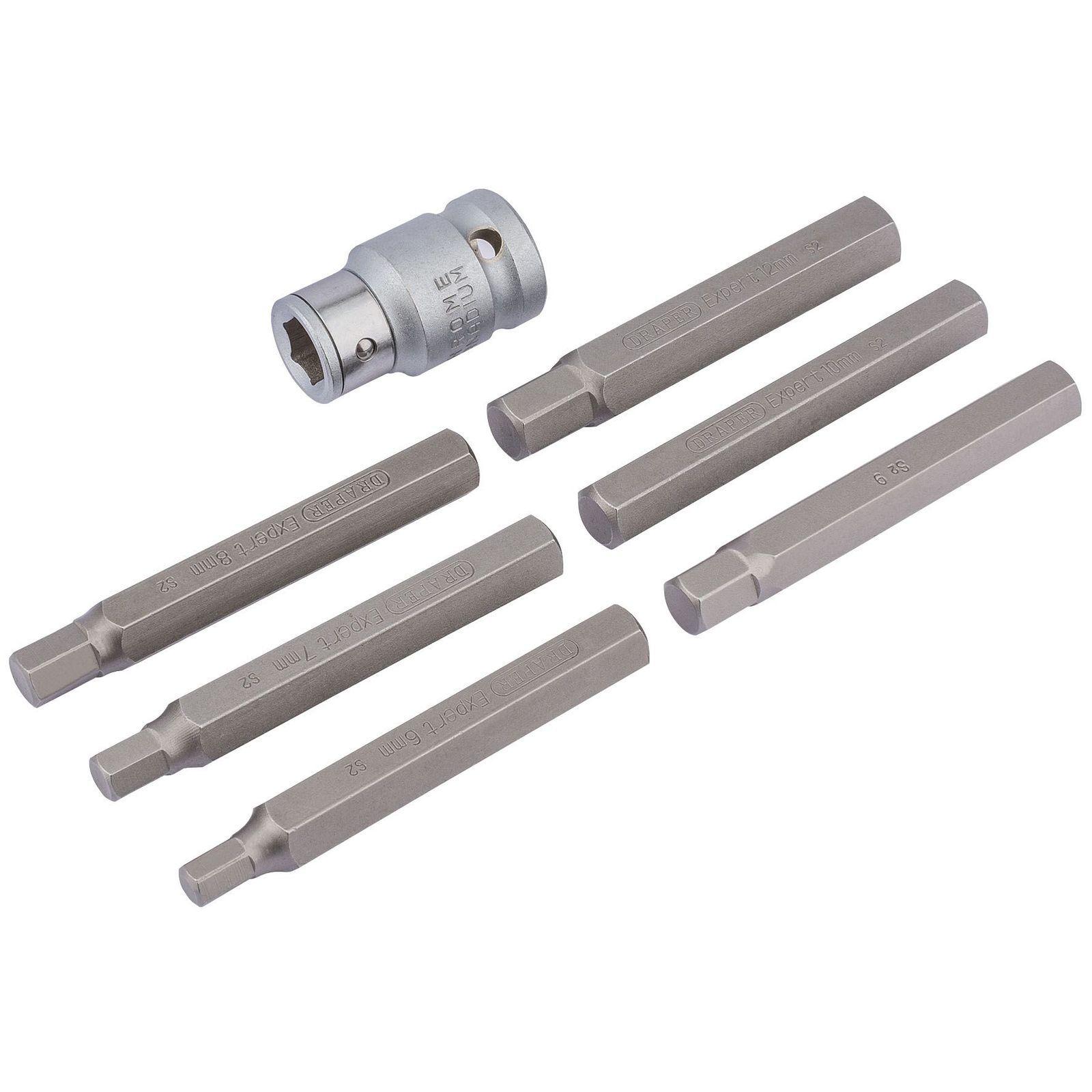 1x 7 Piece Draper 6mm - 12mm Hexagon Bit And Holder 1/2" Square Drive - 83564