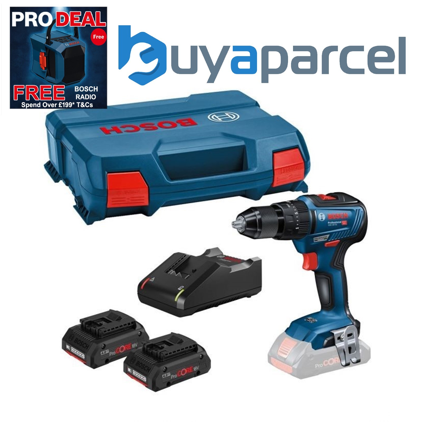 Bosch 18v GSB 18V-55 Brushless Combi Hammer Drill - 2 x 4.0ah Procore Batteries
