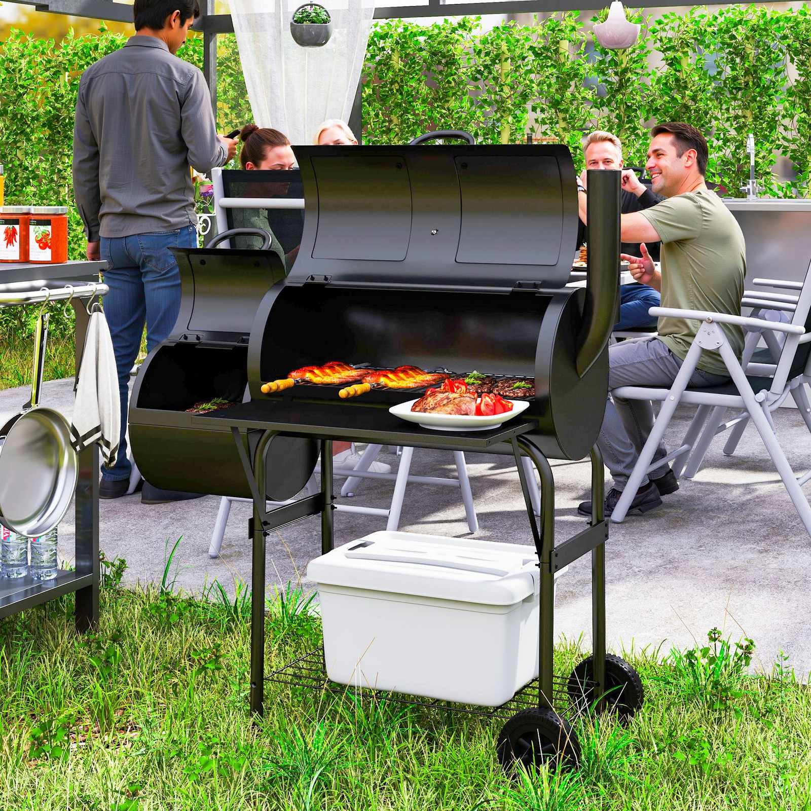 Portable Outdoor Charcoal BBQ Grill with Offset Smoker Barbecue Grill Black