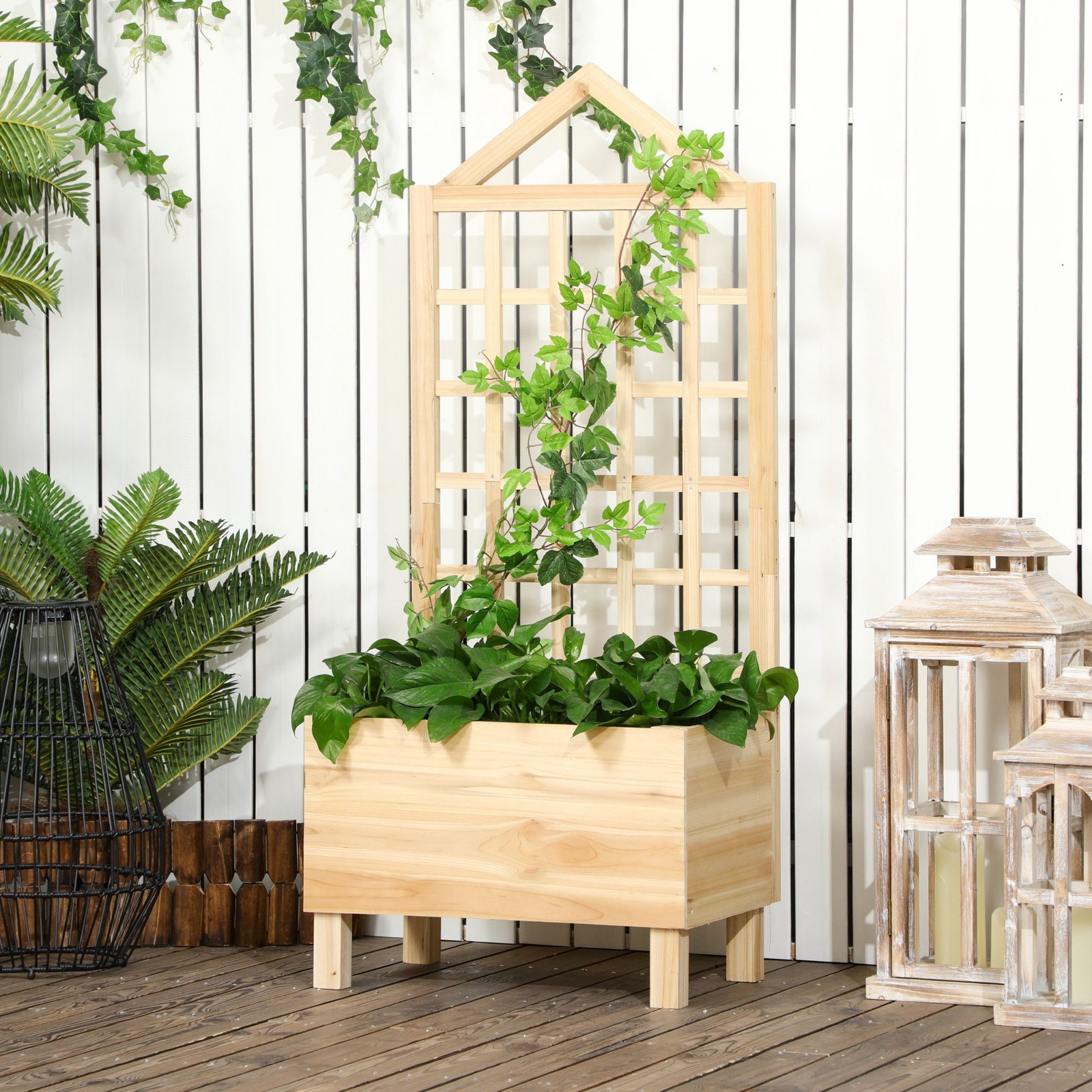 Wooden Planters with Trellis for Vine Climbing, Raised Beds for Garden, Natural