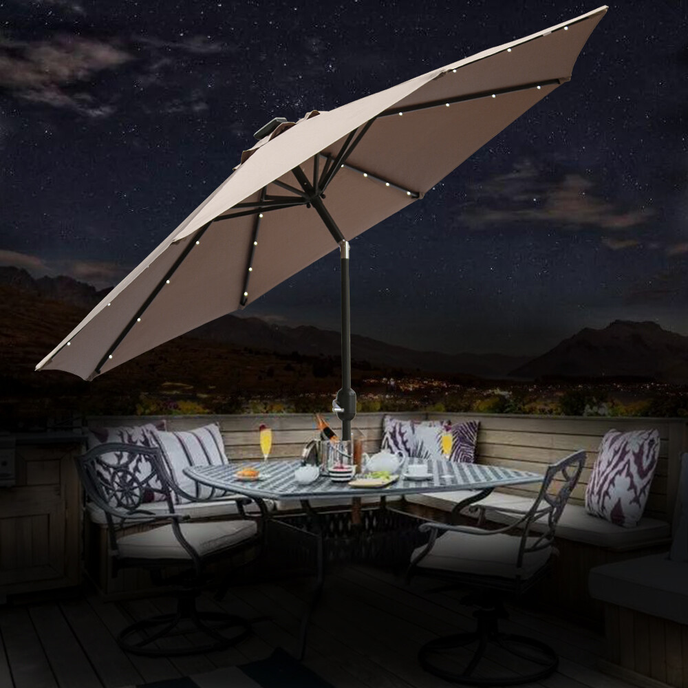 Solar LED Garden Parasol Umbrella Patio Sun Shade with Crank Tilt 2.7M Taupe
