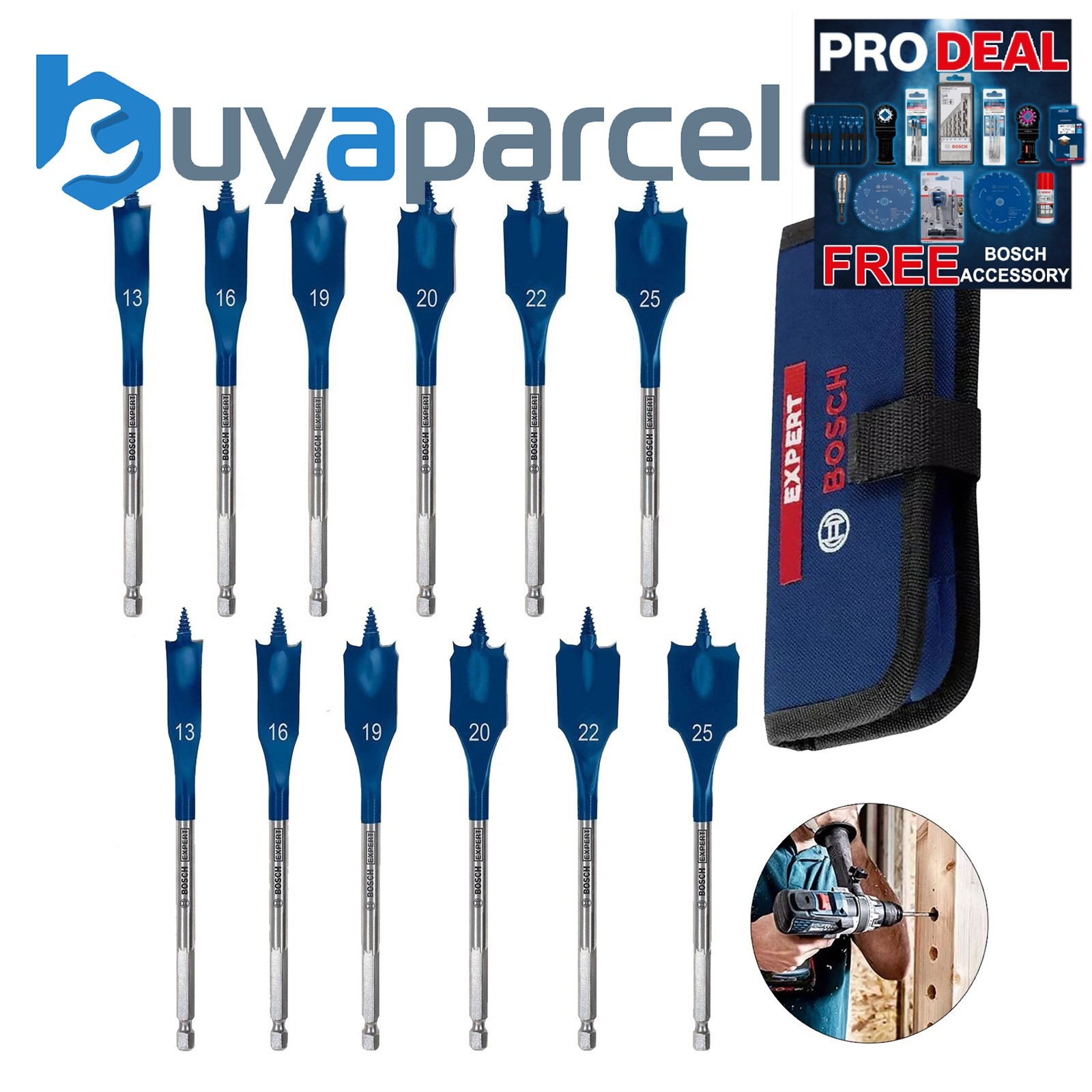 Bosch EXPERT 12 Piece Self Cut Speed Flat Wood Drill Bit Hex Shank 13 - 25mm Bit