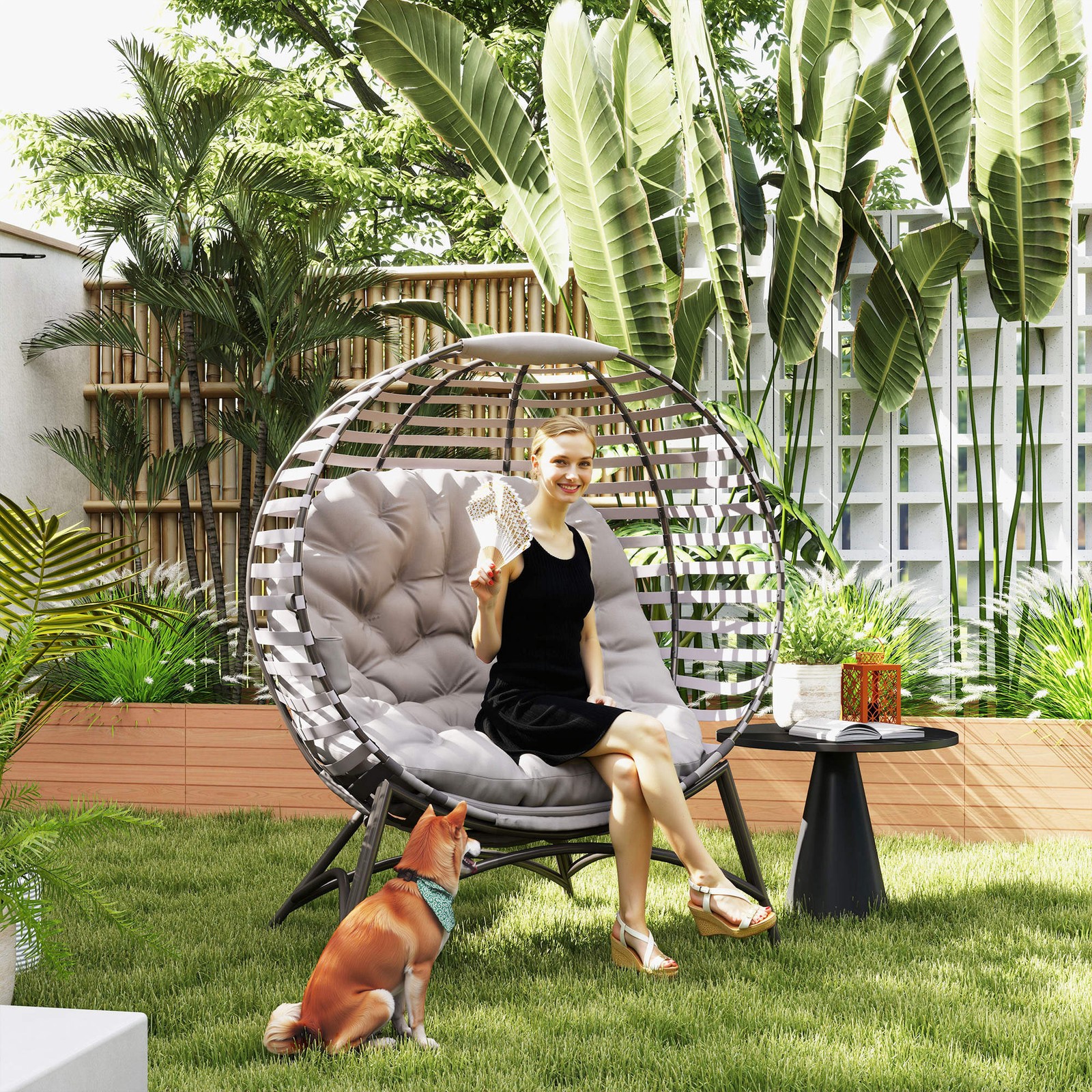 Egg Chair with Soft Cushion Steel Garden Basket Chair for Outdoor, Light Grey
