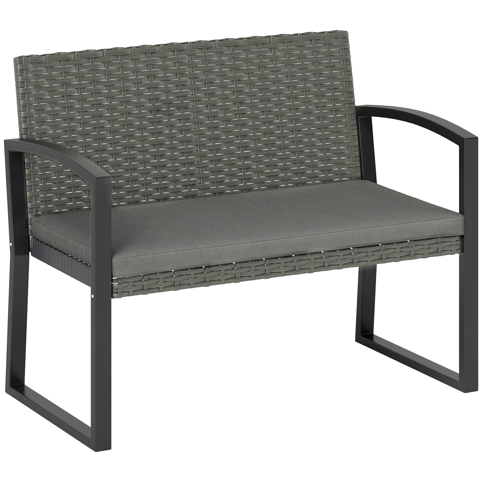 Outsunny 2 Seater Rattan Garden Bench with Cushion, Steel Frame, Light Grey