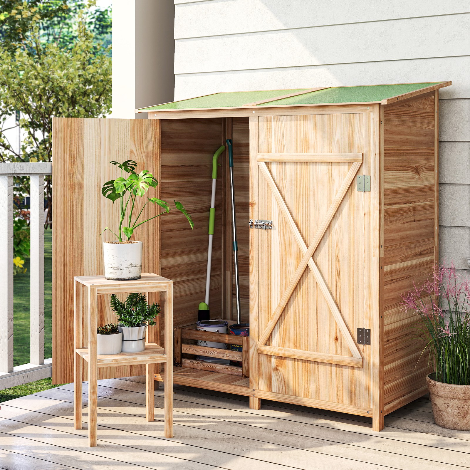 Garden Wood Storage Shed w/ Storage Table, Asphalt Roof, 140x75x157cm, Natural