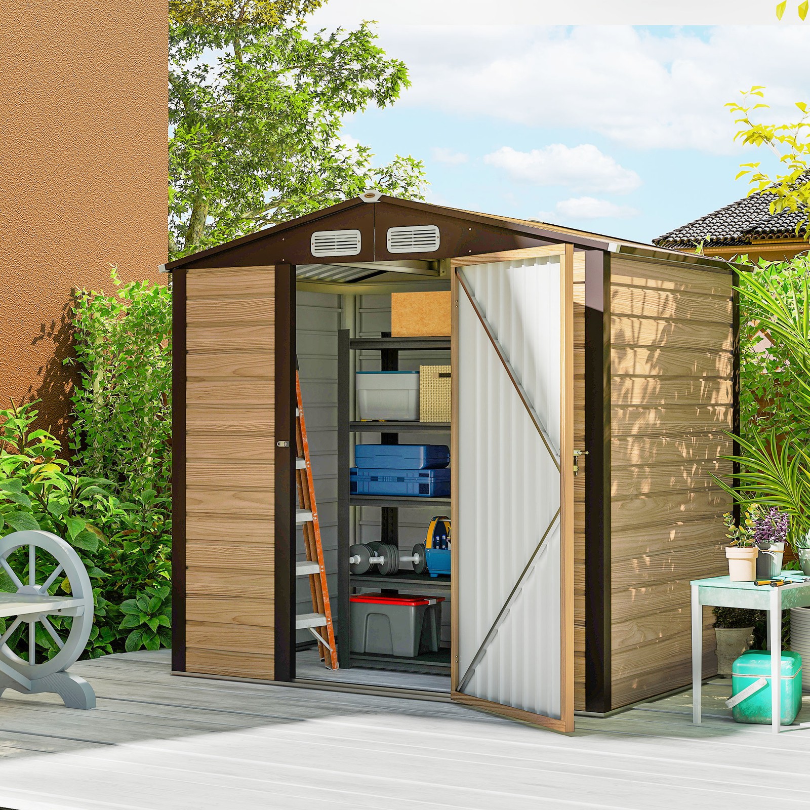 6.2 x 4.3ft Garden Metal Shed with Ventilation Slots for Garden, Patio, Oak