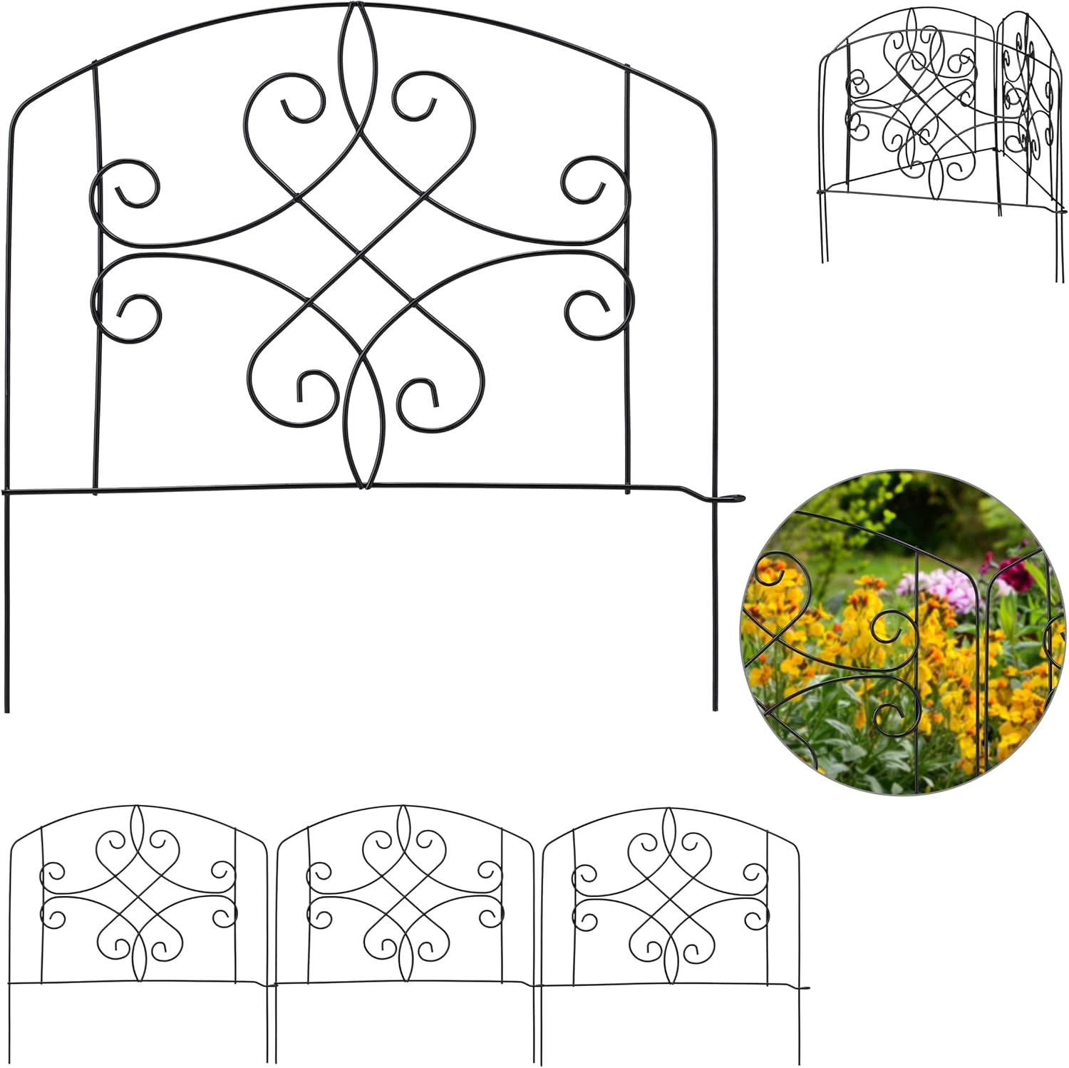 Relaxdays Garden Fence, 4-Piece Flower Bed Border for Garden, Decorative Fence,