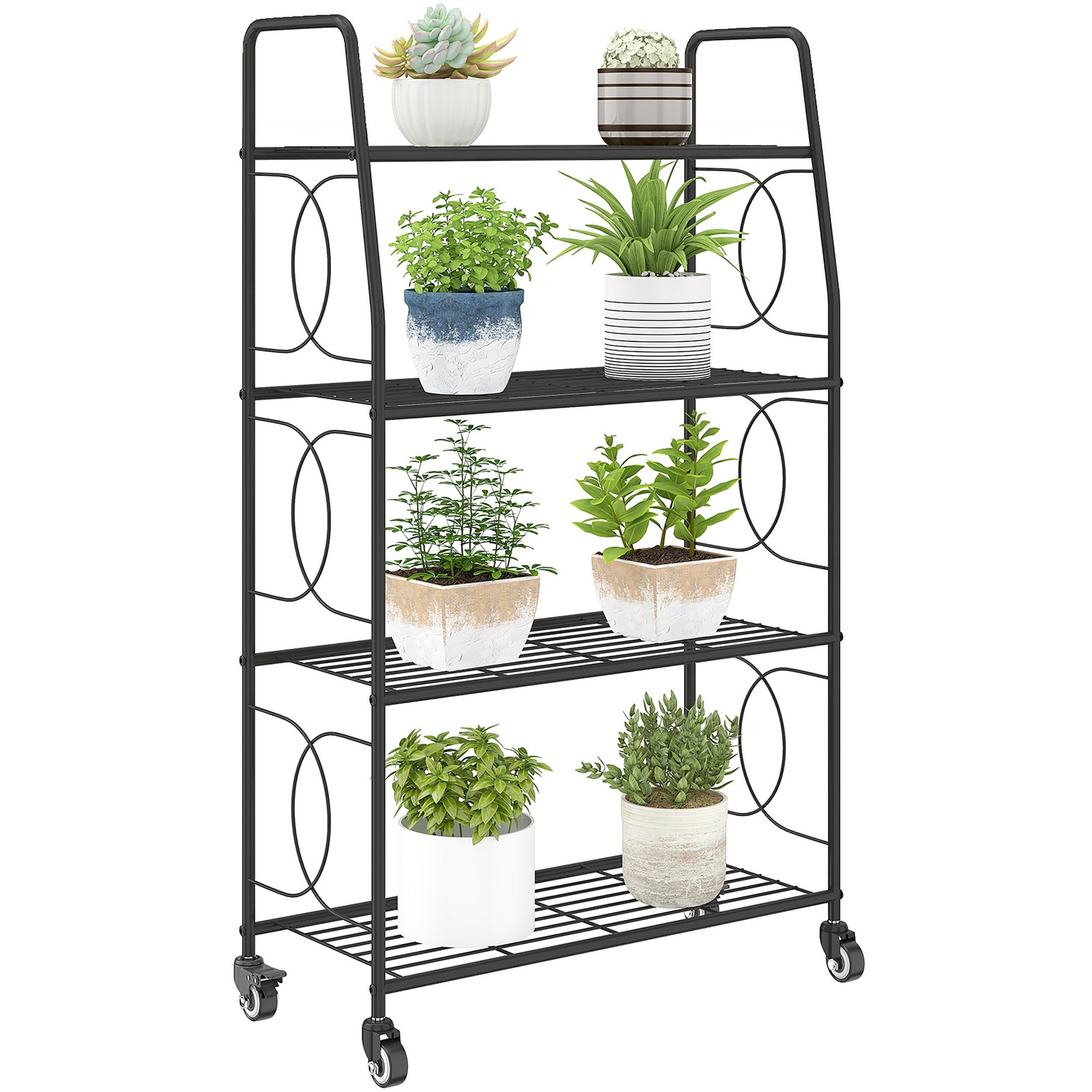 Outsunny 4-Tier Metal Plant Stand, Plants Display Rack with Lockable Wheels