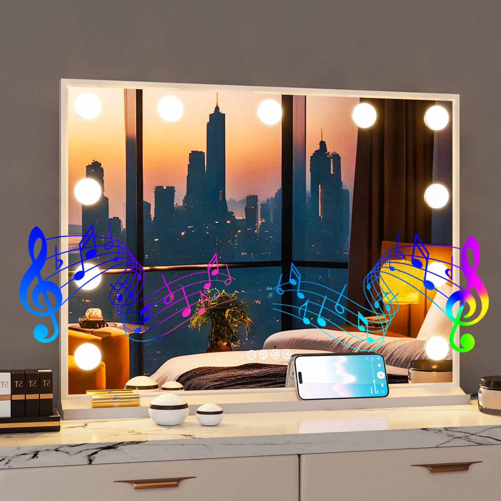 Large Hollywood Vanity Mirror Makeup Mirror with RGB LED Light Bluetooth Speaker
