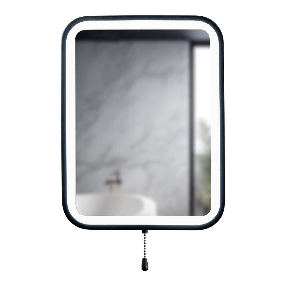 Matt Black Bathroom Mirror Rectangle Battery Operated Pull Switch Integrated LED