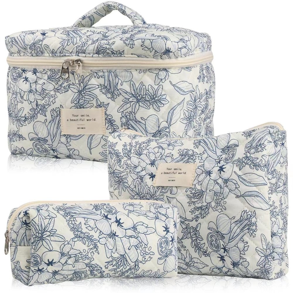 3X(Makeup Bag 3 Pcs Cotton Quilted Makeup Bag Aesthetic Floral Toiletry5512