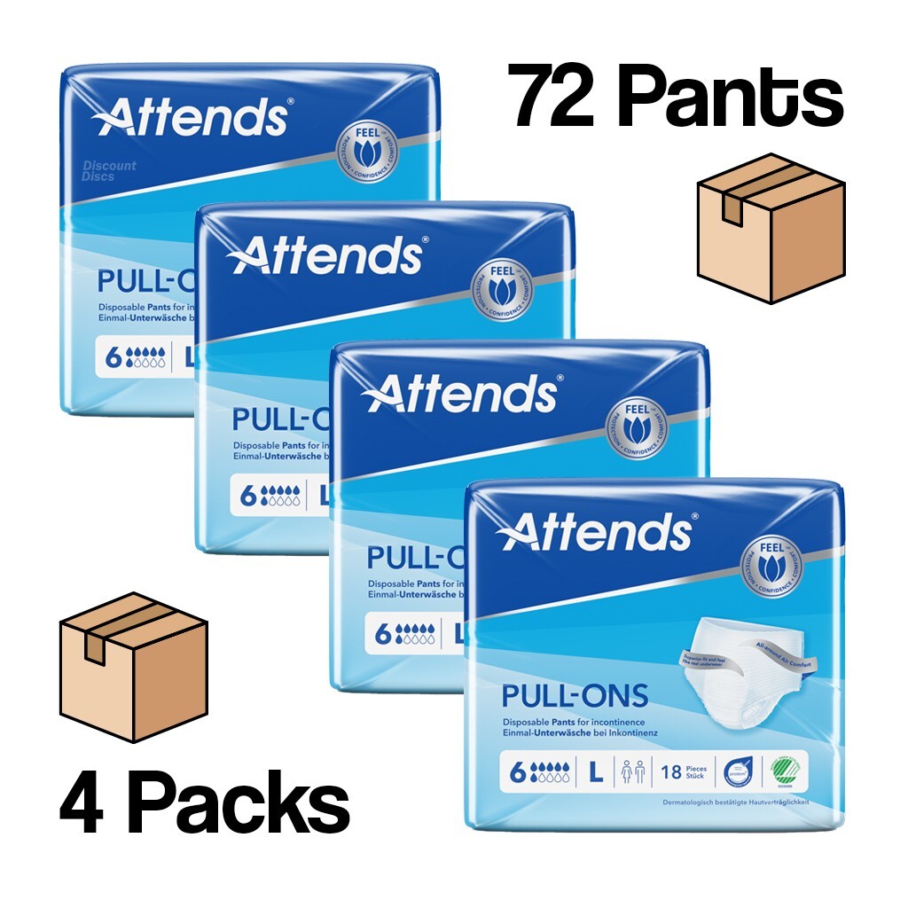 Attends 6L Pull up Pants Size Large Adult Nappies Incontinence (4 PACKS OF 18)