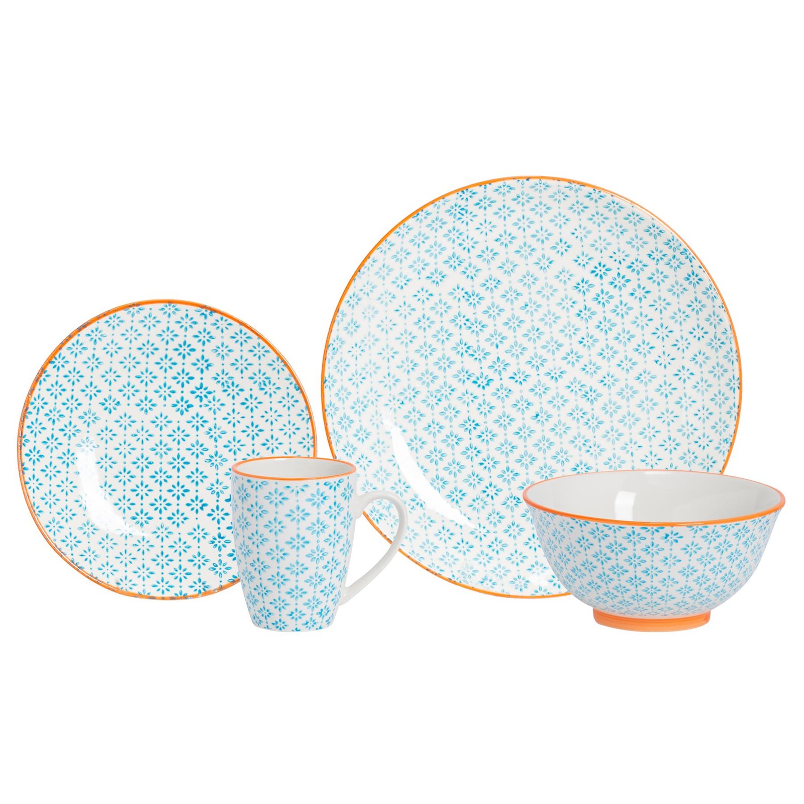 24 Piece Hand-Printed Dinner Set Porcelain Crockery Plates Bowls Mugs Blue