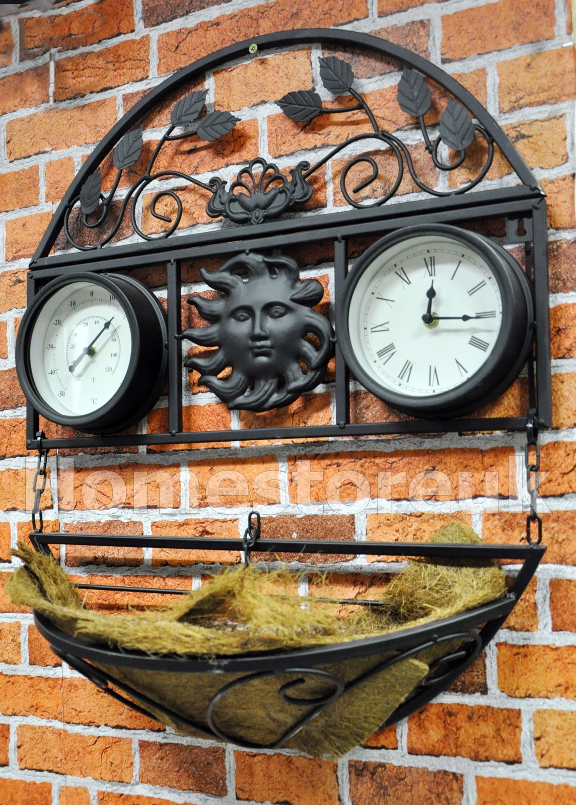 GARDEN METAL HANGING PLANT BASKET WALL MOUNTED CLOCK & THERMOMETER OUTDOOR GCTC